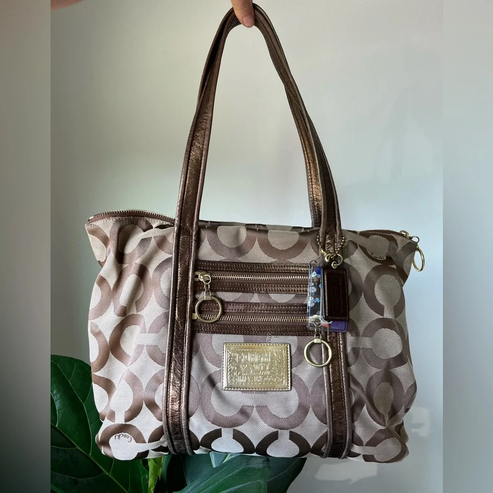 Coach Poppy C op art glam bronze metallic leather brown jacquard canvas tote bag